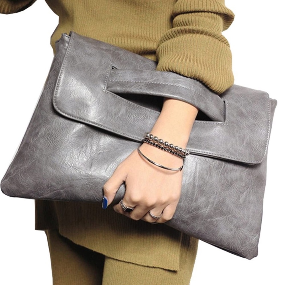 NWOT Grey Leather Clutch Messenger Bag with Detachable Strap - Large Capacity